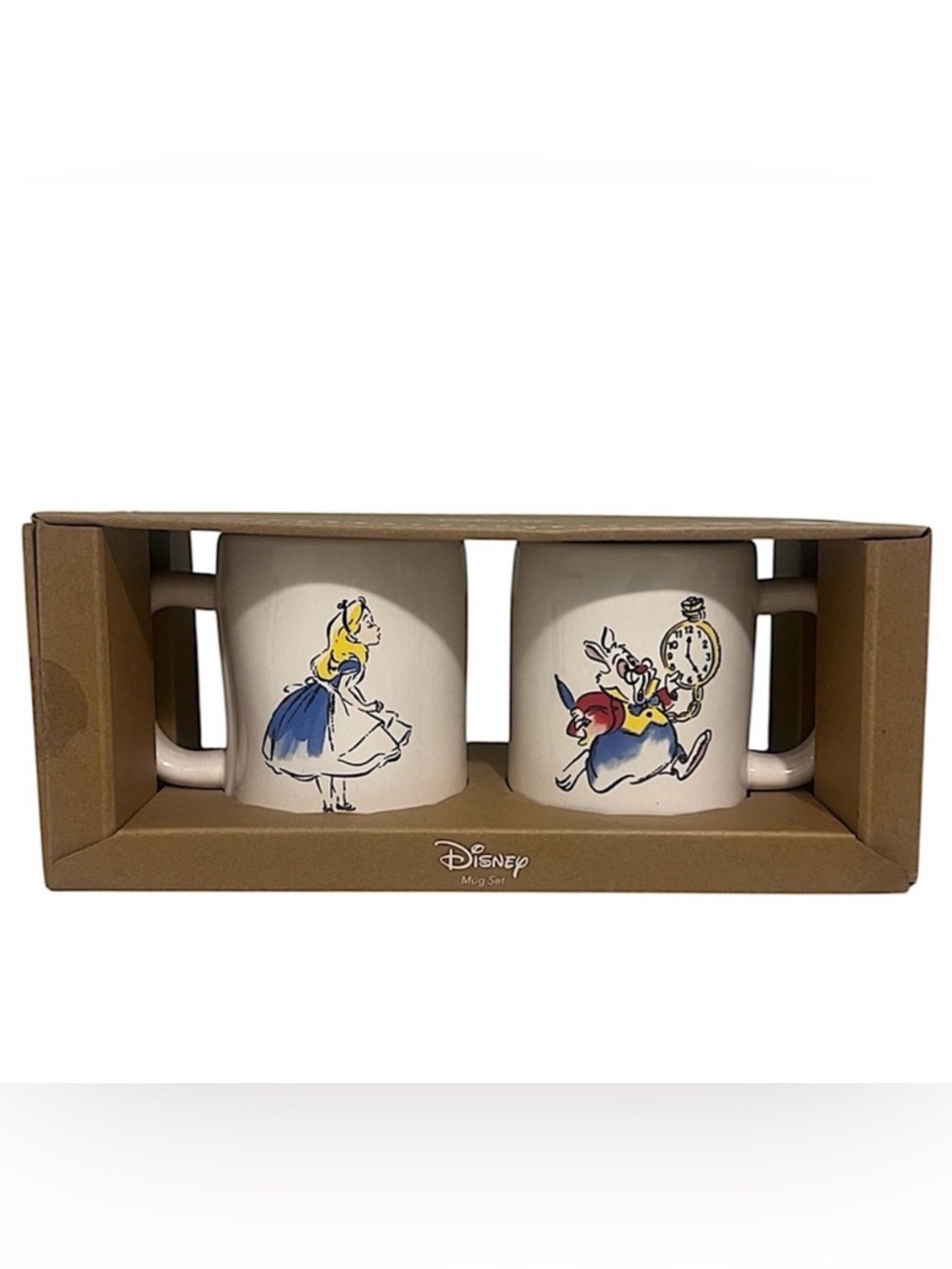 Disney Rae Dunn Alice in Wonderland White Rabbit Set of 2 Ceramic Mugs NWT